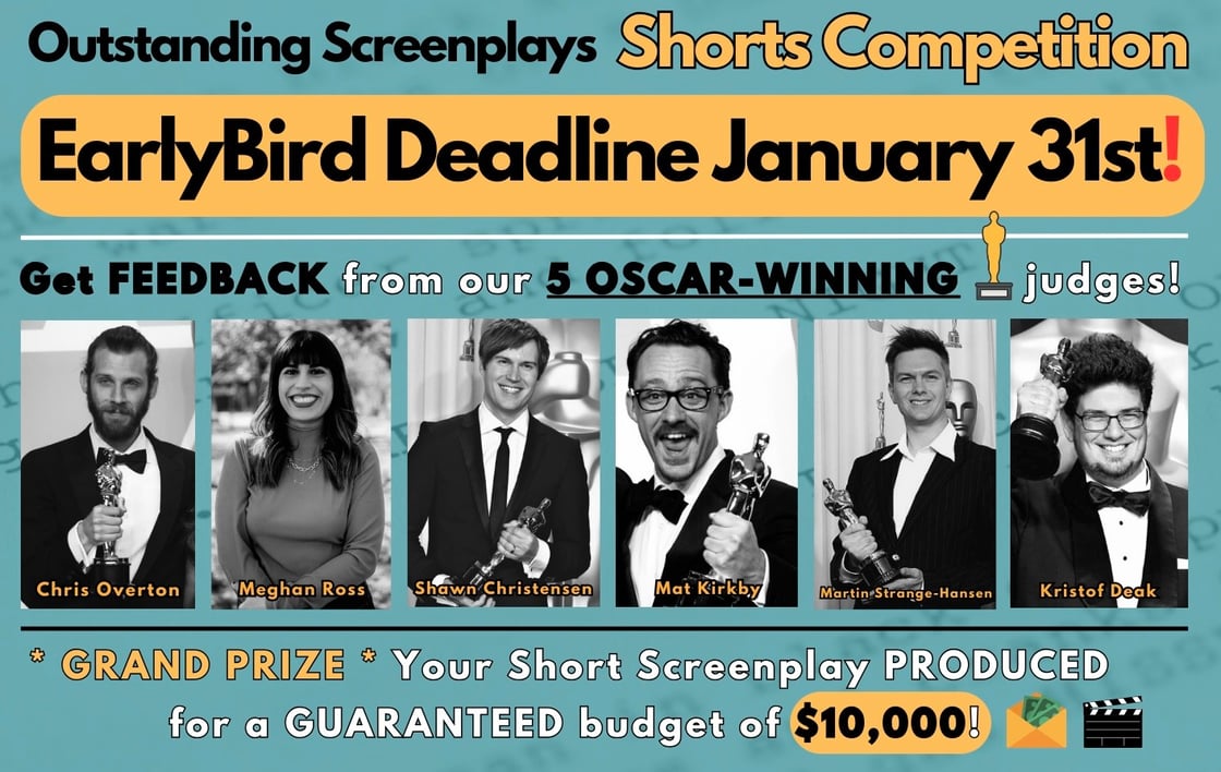 Image of the Outstanding Screenplays Shorts competition poster featuring Chris Overton, Meghan Ross, Shawn Christensen, Mat Kirkby, Martin Strange-Hansen, Kristof Deak holding Oscars